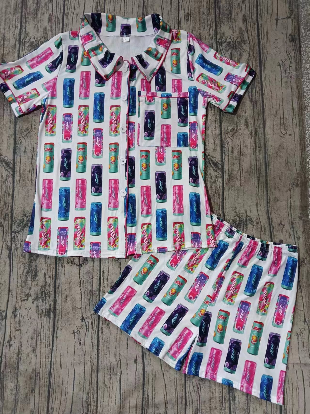 Preorder moq 5 Adult Women Colorful Alani Button Pocket Top Short Pajamas Set