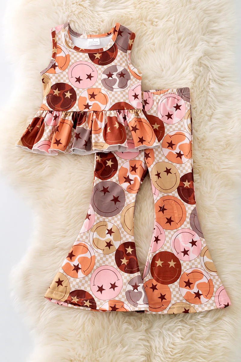 Preorder moq 5 Baby Girls Sleeveless Khaki Plaid Smiles Tunic Bell Bottom Pant Set