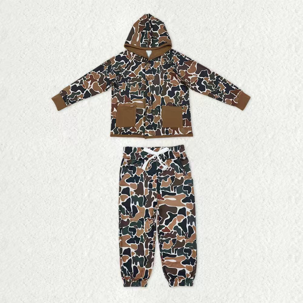 Baby Boys Long Sleeve Southern Dark Brown Camo Pocket Button Hoodie Jogger Pants Clothes Sets