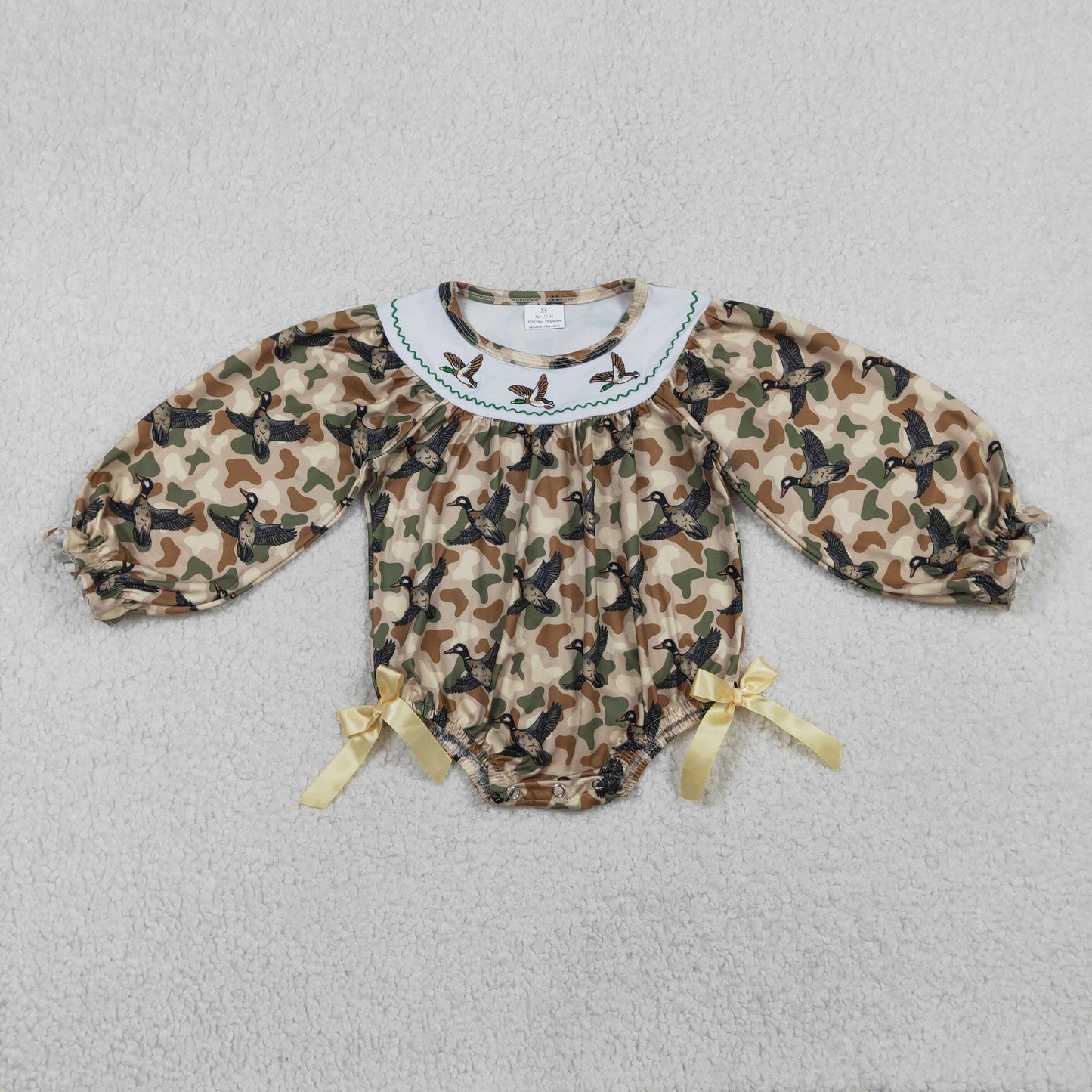 Embroidery Ducks Baby Girls Southern Khaki Camo Hunting Ruffle Rompers