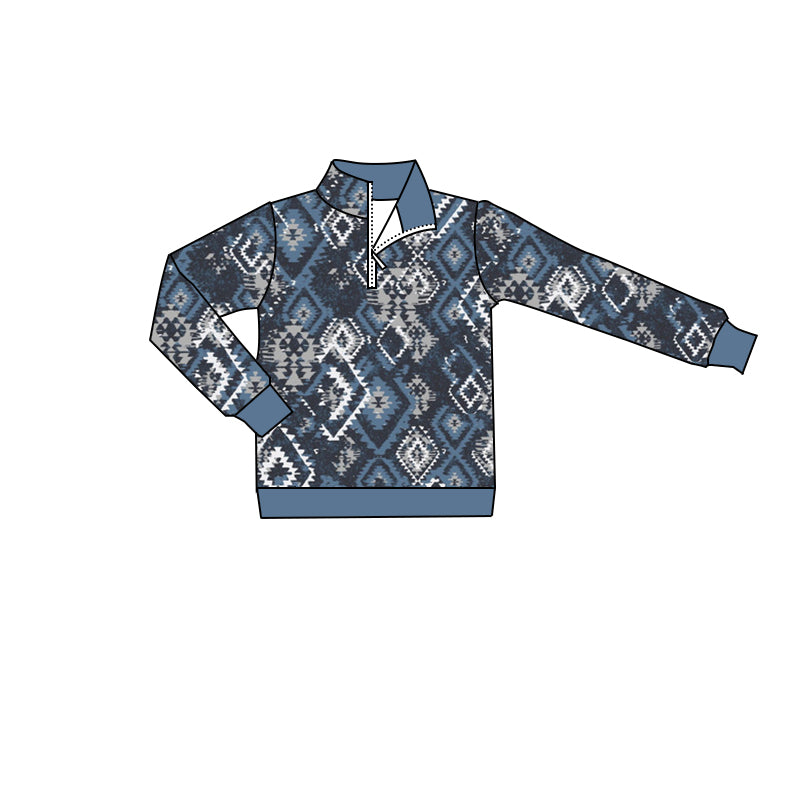 Baby Boys Western Blue Aztec Long Sleeve Zip Pullovers Tops Preorder(moq 5)