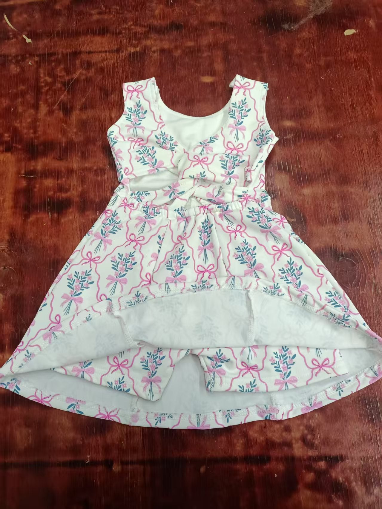 Preorder moq 5 Baby Girls Sleeveless Pink Floral Bows Skort Knee Length Dresses