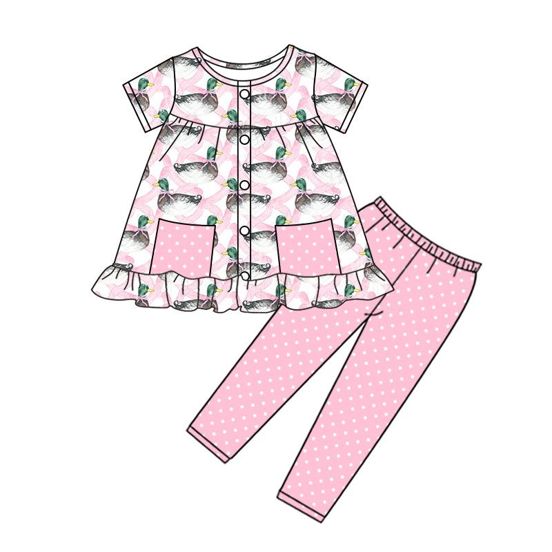 Baby Girls Pink Ducks Pockets Tunic Top Pants Clothes Sets Preorder(moq 5)