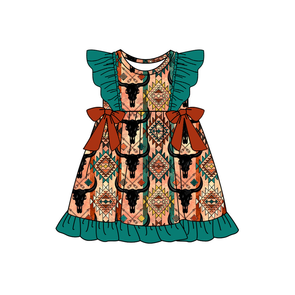 Preorder (moq 5)Baby Girls Western Cow Skull Aztec Bows Knee Length Dresses