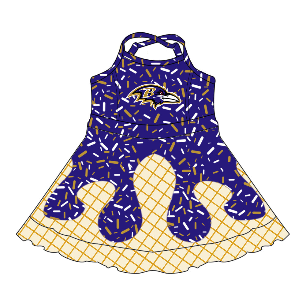 Preorder (moq 5)Baby Girls Purple Drip Sprinkles B Ravens Team Shorts Ruffle Knee Length Dress