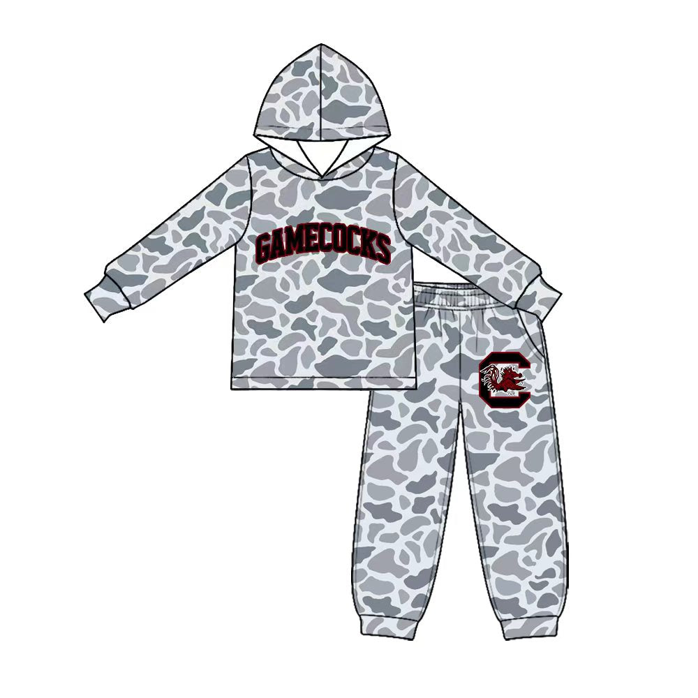 Preorder (moq 5) Baby Boy Clothes Gamecocks Grey Camo Print Long Sleeve Hoodie Jogger Pant Set