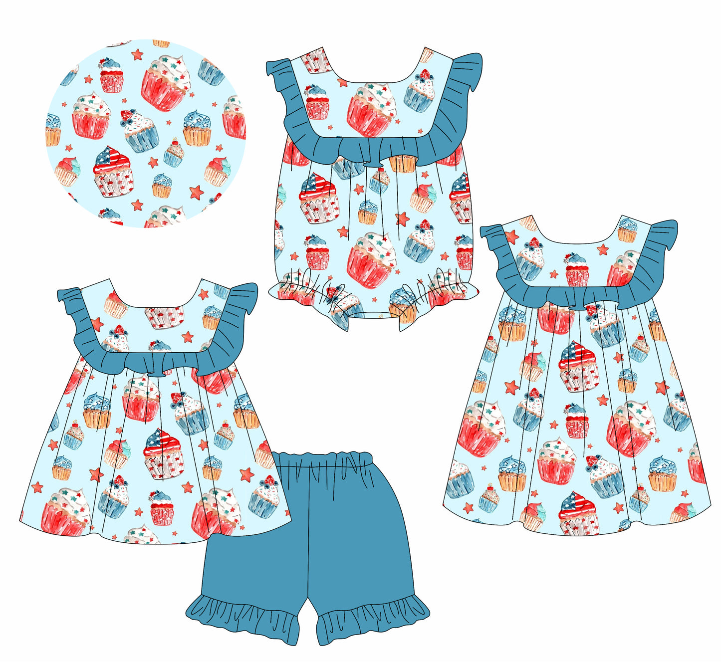Preorder moq 5 Custom Baby Girls Cakes Stars Tunic Blue Ruffle Short 4th Of July Sets Knee Length Dress Rompers