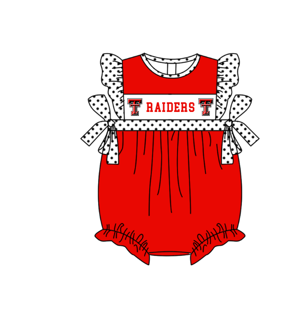 Preorder (moq 5)Baby Girls Polka Dots Flutter Sleeve Raiders Team Ruffle Rompers