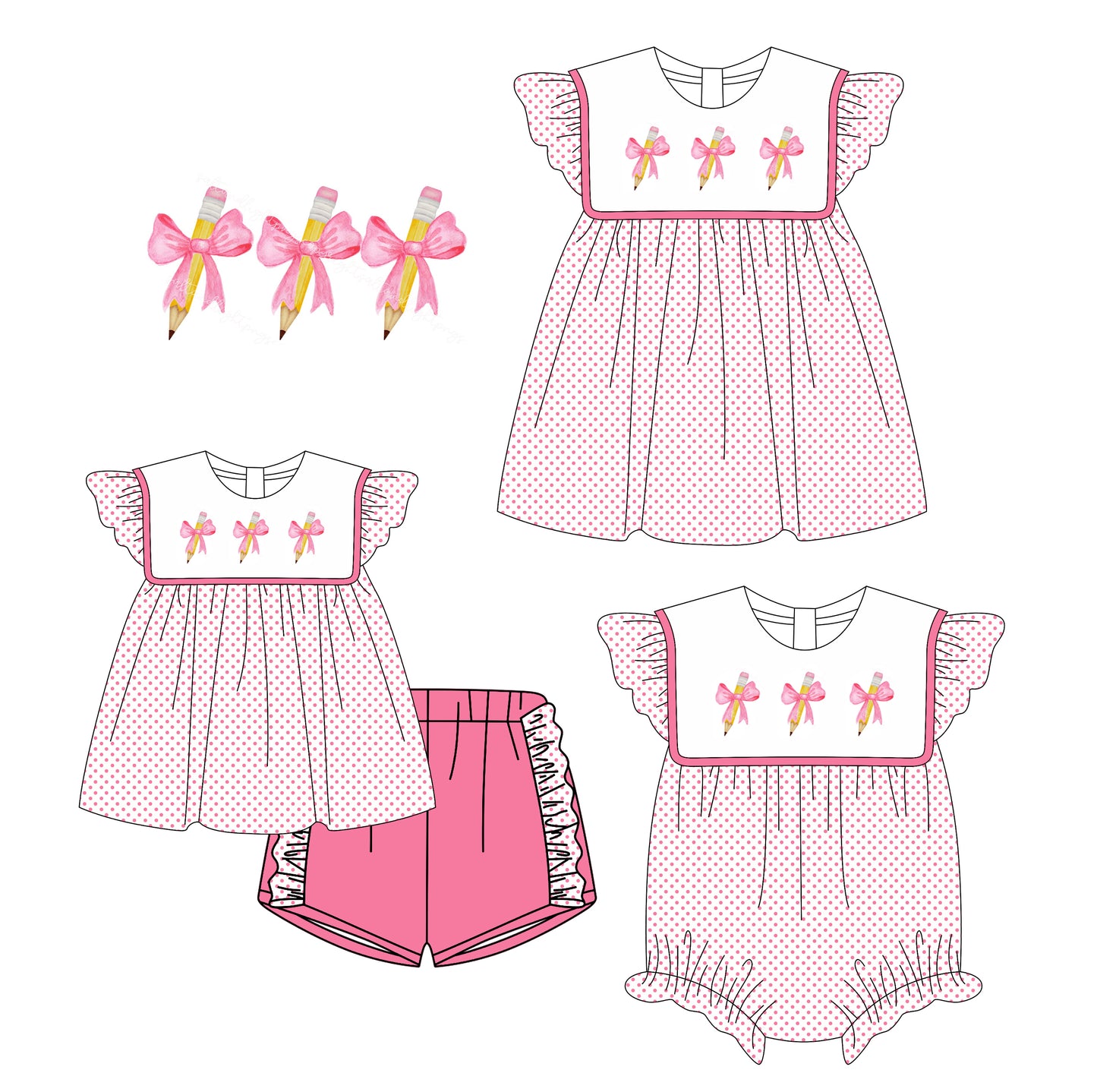 Preorder moq 5 Custom Baby Girls Pink Polka Dots Bows Pencils Tunic Ruffle Short Set Knee Length Dress And Rompers