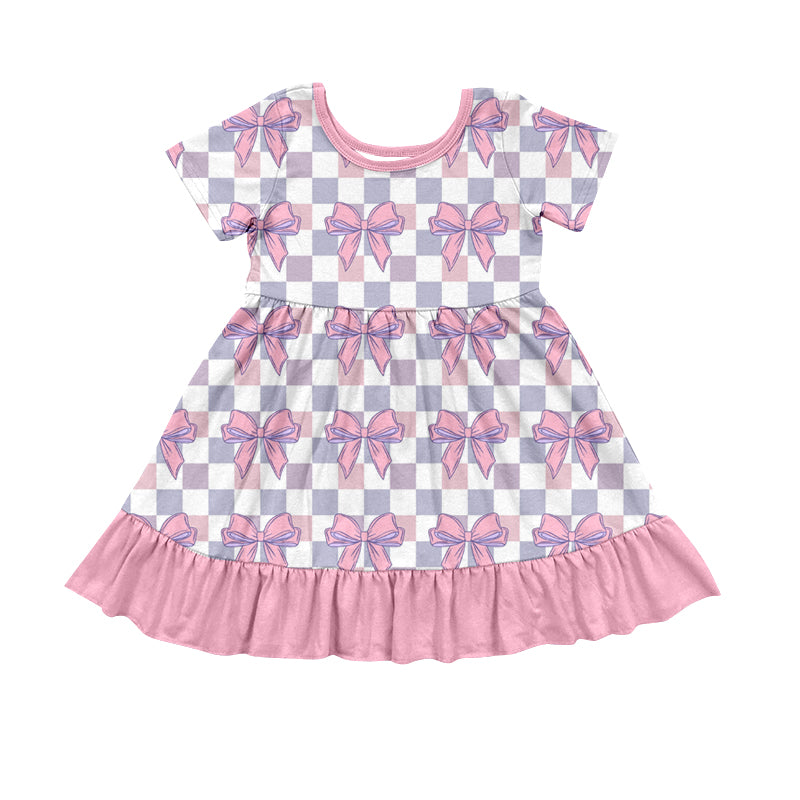 Preorder (moq 5)Baby Girls Lavender Checkered Bows Knee Length Gowns Dresses