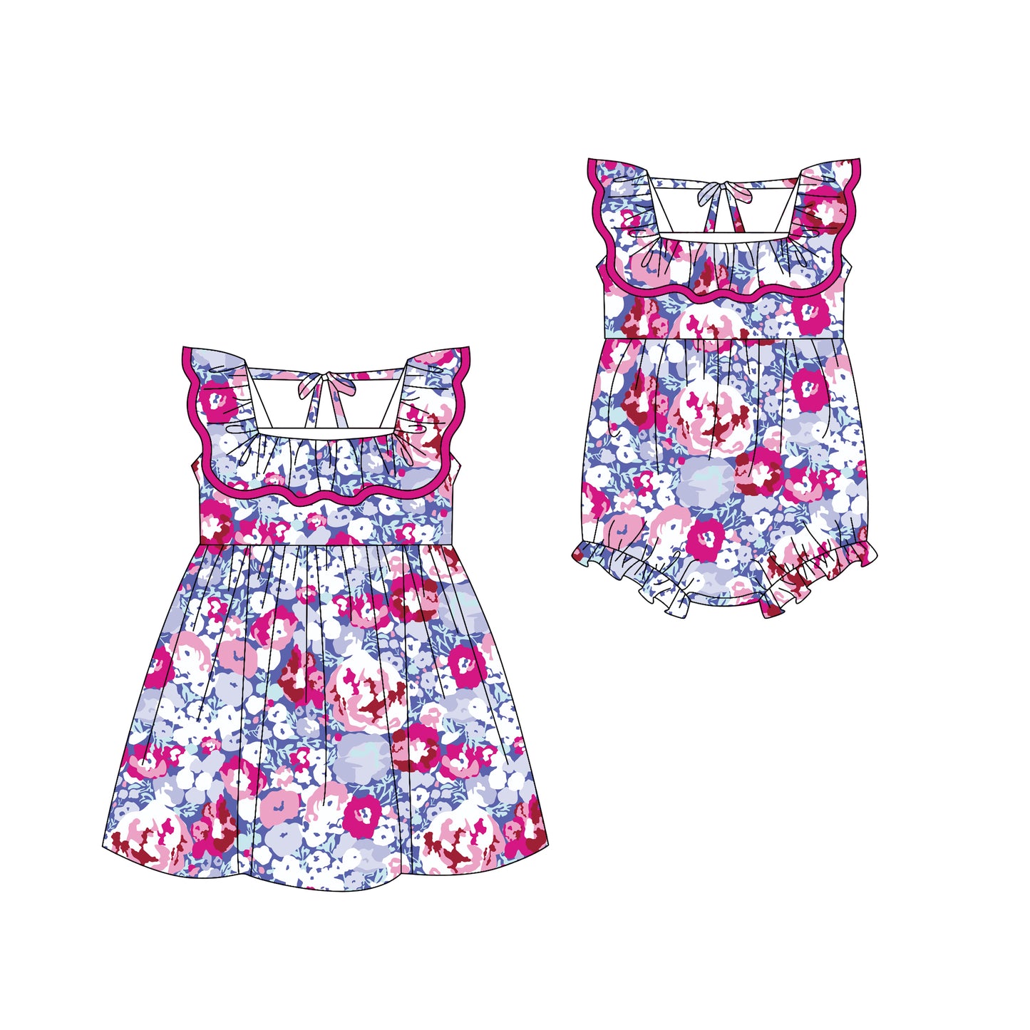 Preorder moq 5 Custom Baby Girls Hot Pink Floral Knee Length Dress Rompers