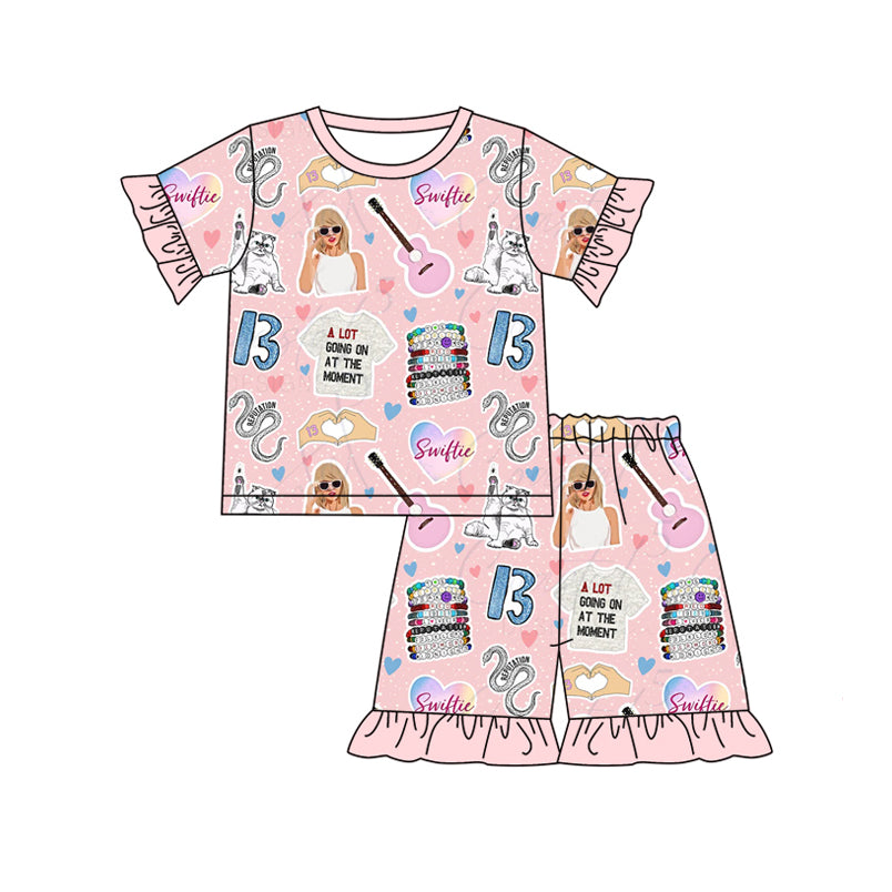 Preorder (moq 5)Baby Girls Singer Pink Disco Top Ruffle Shorts Pajamas Clothes Sets
