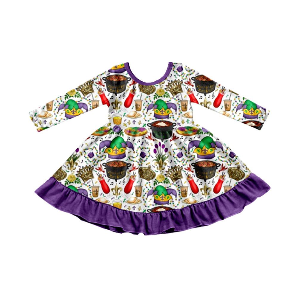 Preorder (moq 5)Baby Girls Anchors Foots Mardigras Purple Ruffle Knee Length Dresses