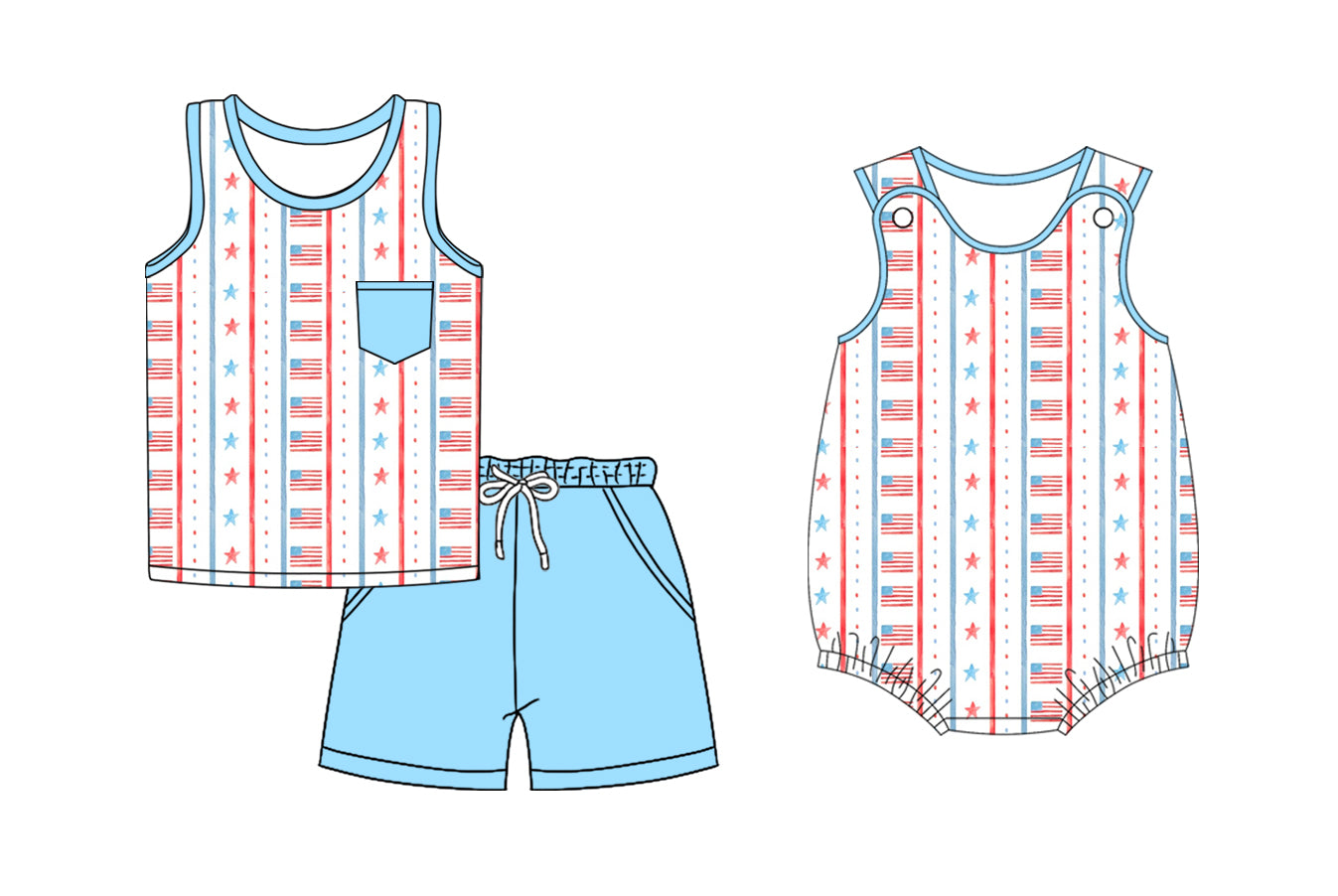 Preorder moq 5 Custom Baby Boys Blue Sleeveless Stars Flags Top Pockets Short 4th Of July Set Rompers
