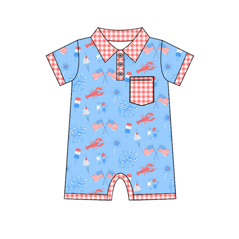 Preorder(moq 5)Baby Infant Boys 4th Of July Flag Crawfish Pocket Rompers