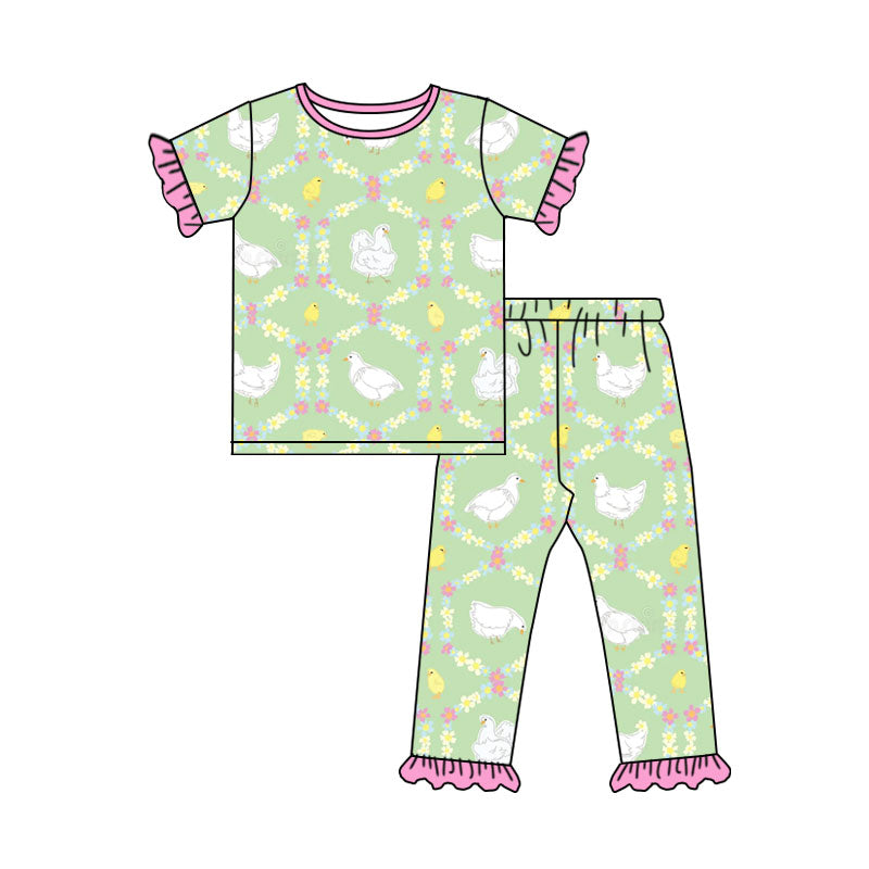 Preorder (moq 5) Baby Girl Clothes Easter Duck Chick Floral Print Short Sleeve Ruffle Top Long Pants Outfit Set