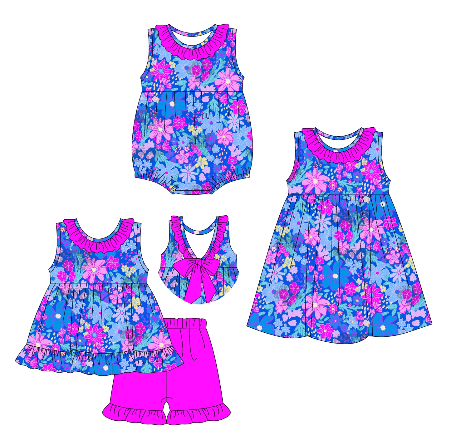 Preorder moq 5 Custom Baby Girls Hot Pink Floral Tunic Blue Ruffle Short Sets Knee Length Dress Rompers