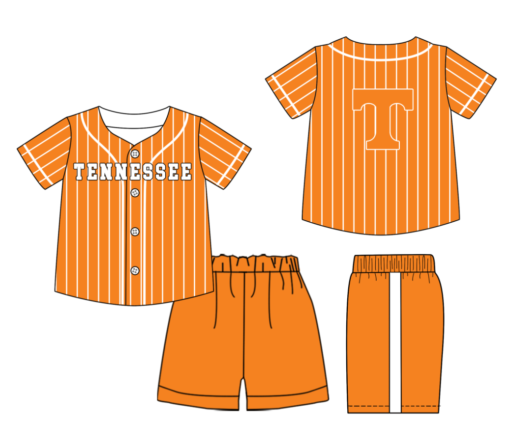Preorder (moq 5)Baby Boys Orange Stripe T Button Top Shorts Team Clothes Sets