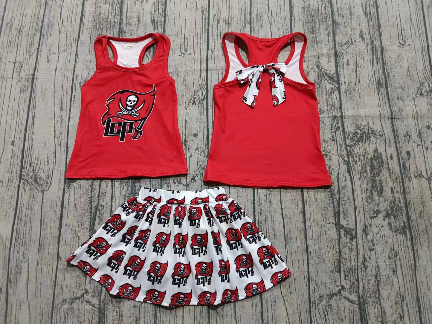 Preorder (moq 5)Baby Girls Red Sleeveless LCP Back Bow Vest Skorts Team Clothes Set