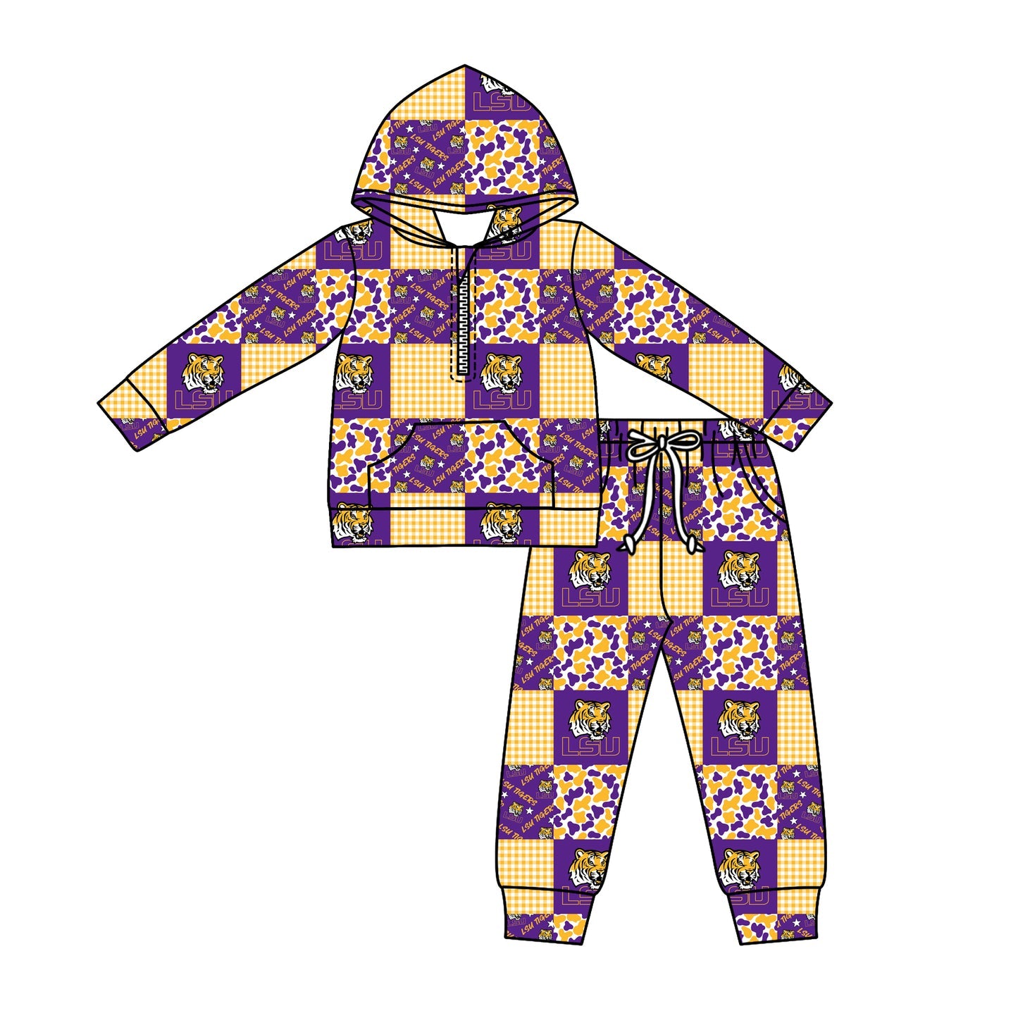Preorder (moq 5)Baby Boys Camo LSU Tigers Checked Zipper Pockets Hoodies Pants Team Clothes Sets