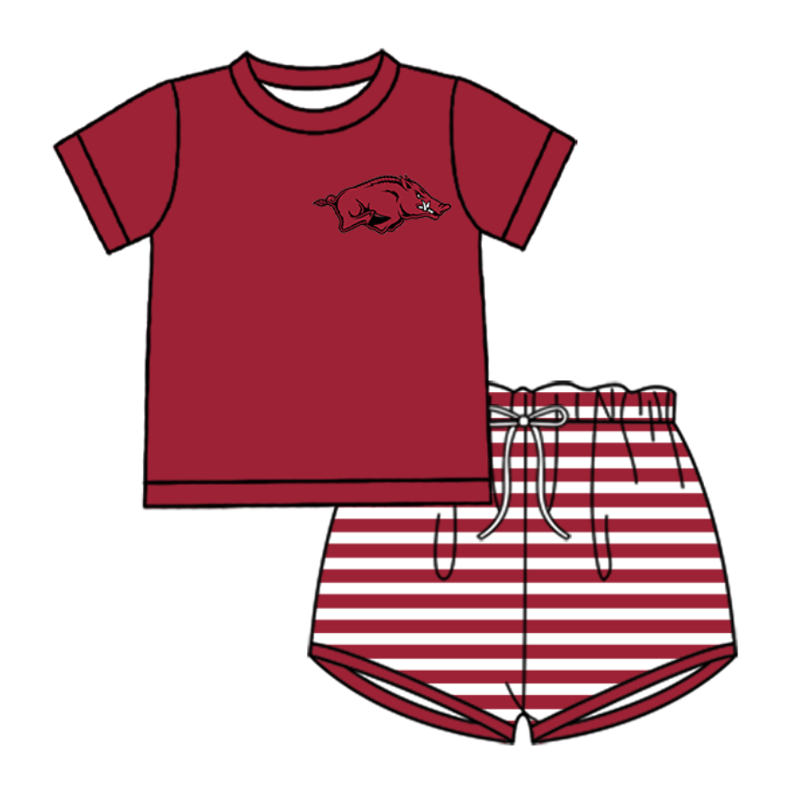 Preorder (moq 5)Baby Boys Red Arkansas Top Stripe Shorts Team Clothes Set