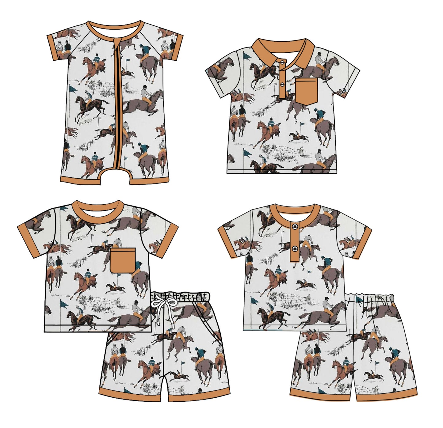 Preorder moq 5 Custom Baby Boys Khaki Short Sleeves Horse Rodeos Top Short Pajamas Set Polo Shirts And Zipper Rompers