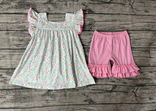 Baby Girls Pink Flowers Tops Ruffle Shorts Clothes Sets