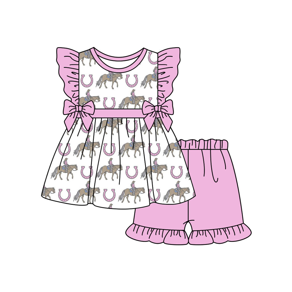 Preorder (moq 5)Baby Girls Western Pink Rodeo Bows Tunic Top Ruffle Shorts Clothes Sets