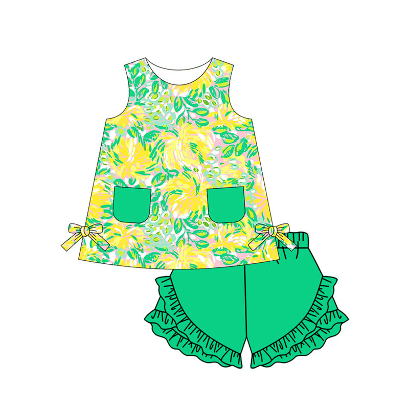Preorder (moq 5)Baby Girls Yellow Flowers Tunic Top Ruffle Shorts Clothes Sets
