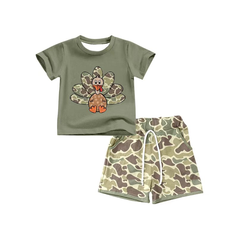 Preorder(moq 5) Baby Boys Green Thanksgiving Turky camo Top Shorts Outfits Sets