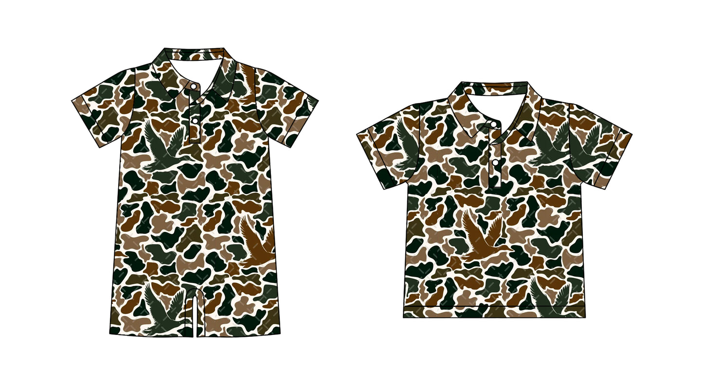 Preorder moq 5 Custom Baby Boys Short Sleeves Olive Brown Ducks Camo Button Polo Shirts Top Rompers