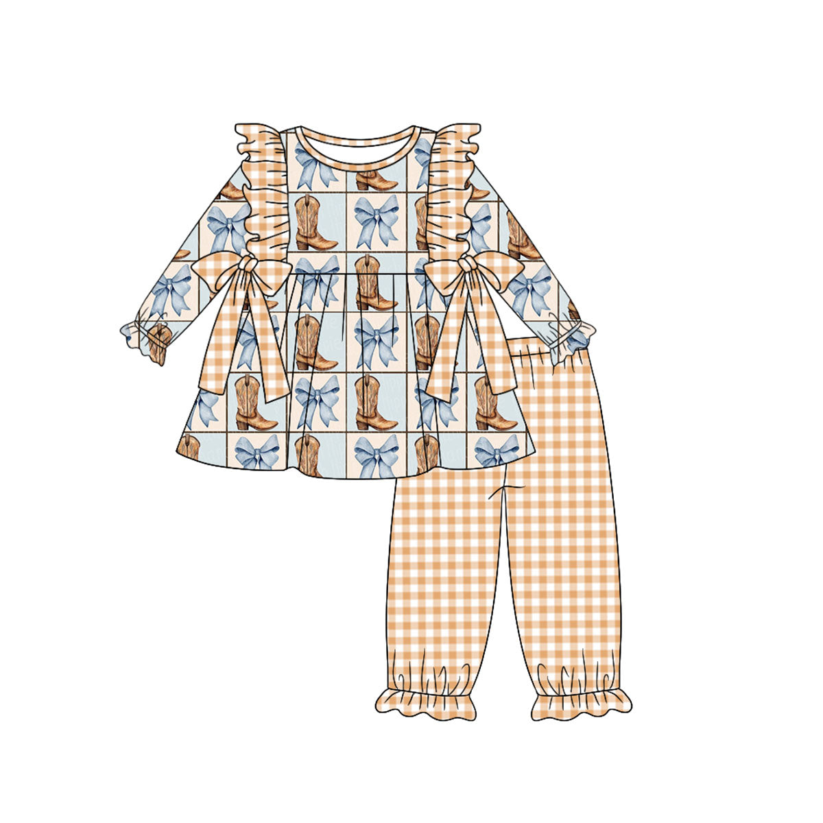 Baby Girls Western Boots Bow Tunic Bows Top Pants Clothes Sets preorder(moq 5)