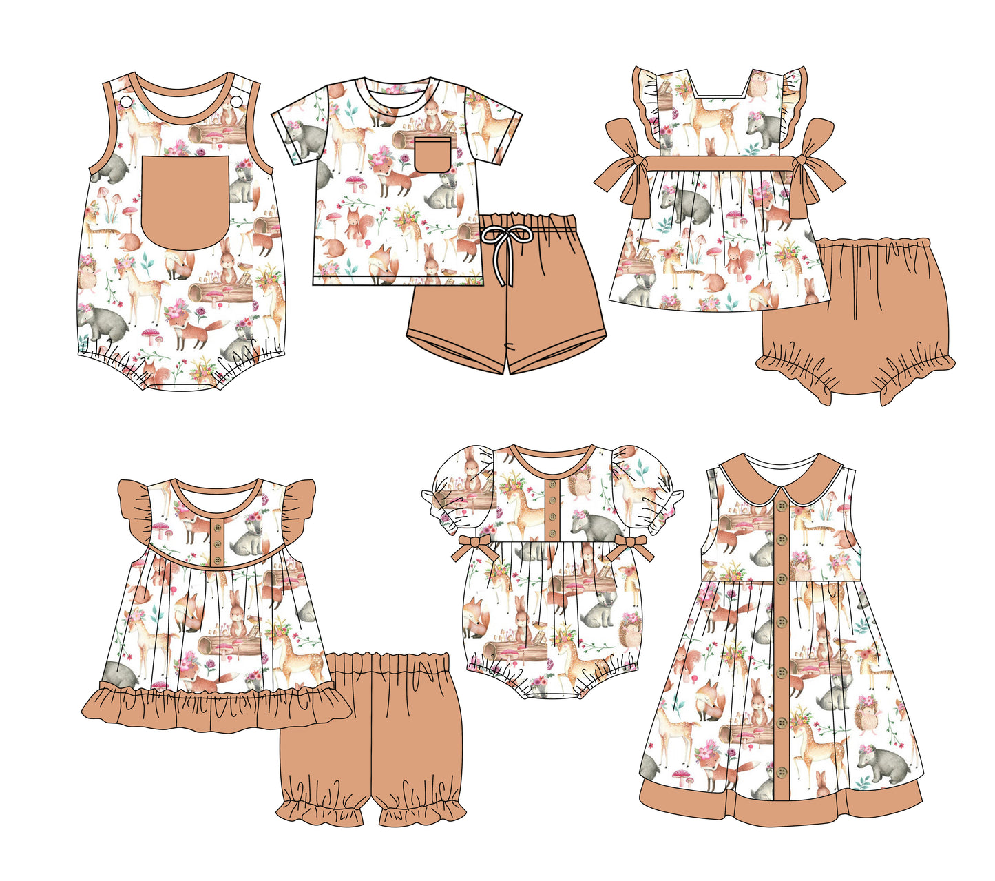 Preorder moq 5 Custom Baby Kids Khaki Pocket Button Floral Deer Top Short Bummies Sets Dresses And Rompers