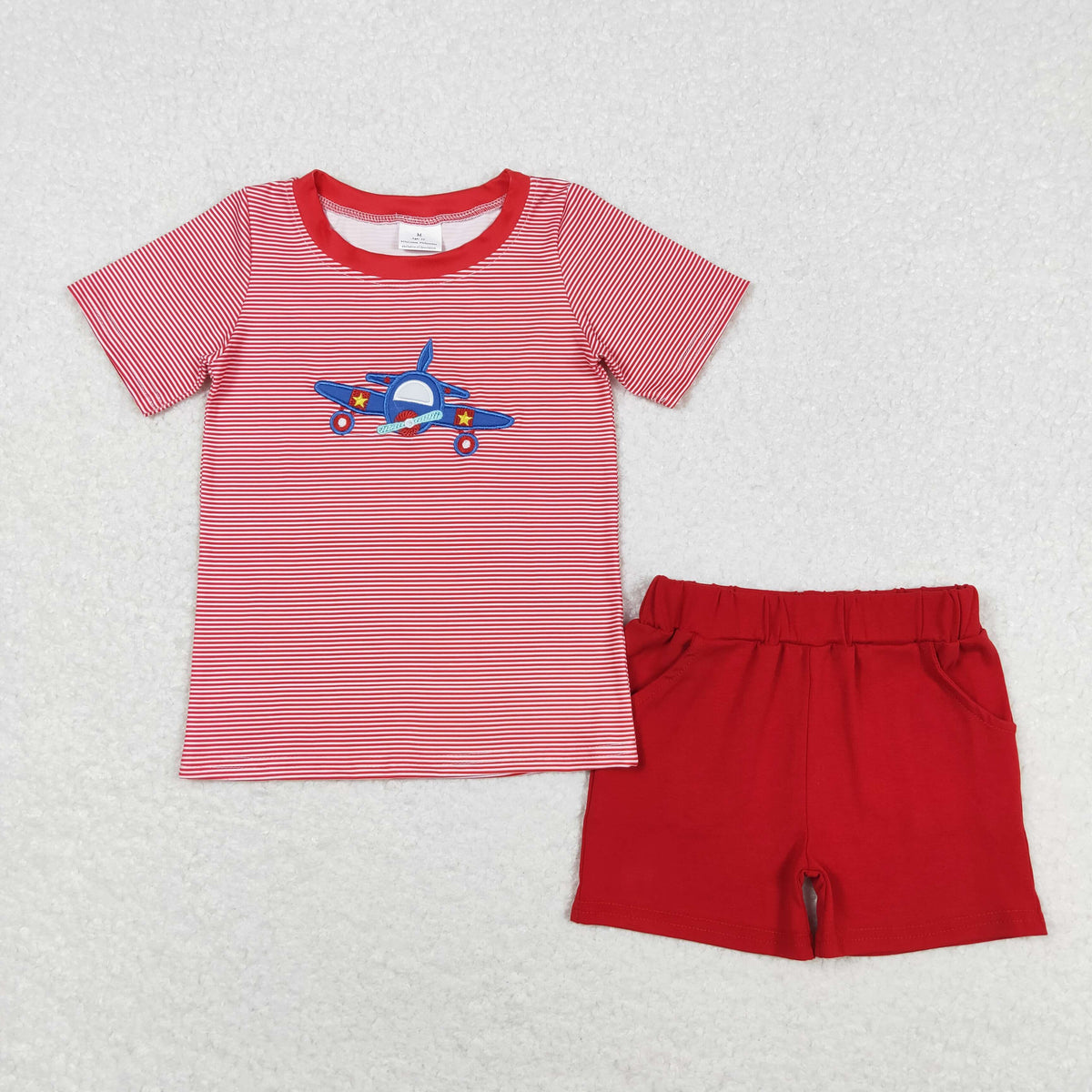 Sibling Baby Boys Embroidery Plane Red Stripe Top Short Clothes Set Rompers