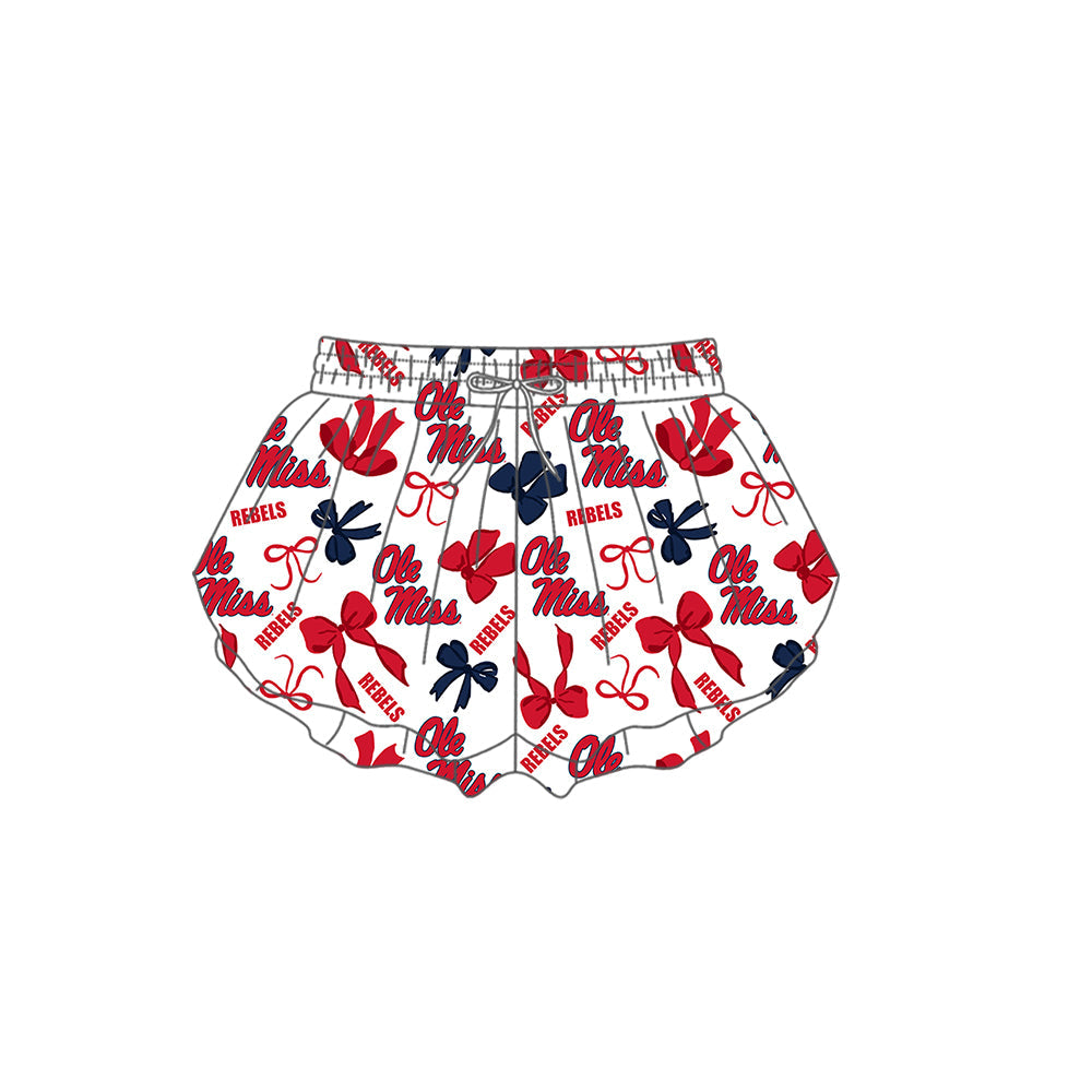 Preorder (moq 5)Baby Girls Ole Miss Bows Team Ruffle Shorts Bottom