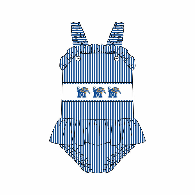 Preorder (moq 5)Baby Girls Strap Blue Stripe M Tigers Tunic Bummies Team Rompers