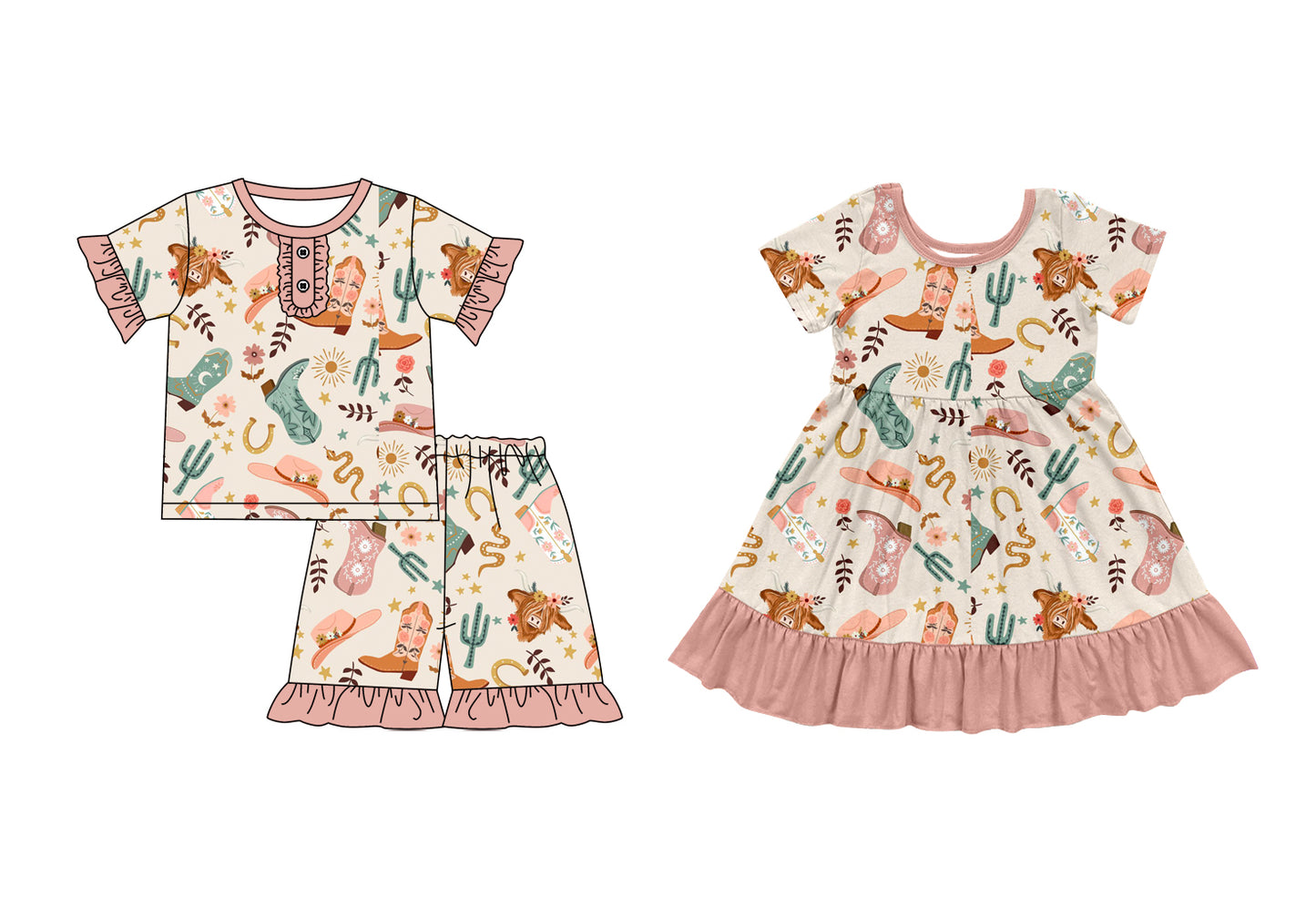 Preorder moq 5 Custom Baby Girls Boots Highland Cows Tunic Ruffle Short Pajamas Set Knee Length Dresses