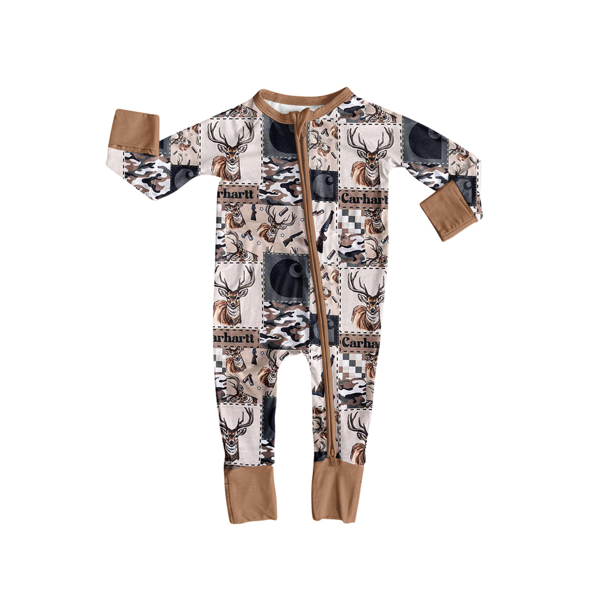 Preorder moq 5 Baby Infant Boys Long Sleeves Khaki Deer Camo Western Zipper Romper