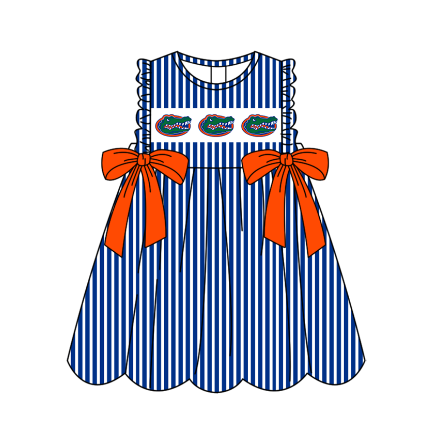 Preorder (moq 5)Baby Girls Sleeveless Blue Stripe Crocodiles Bows Team Knee Length Dresses