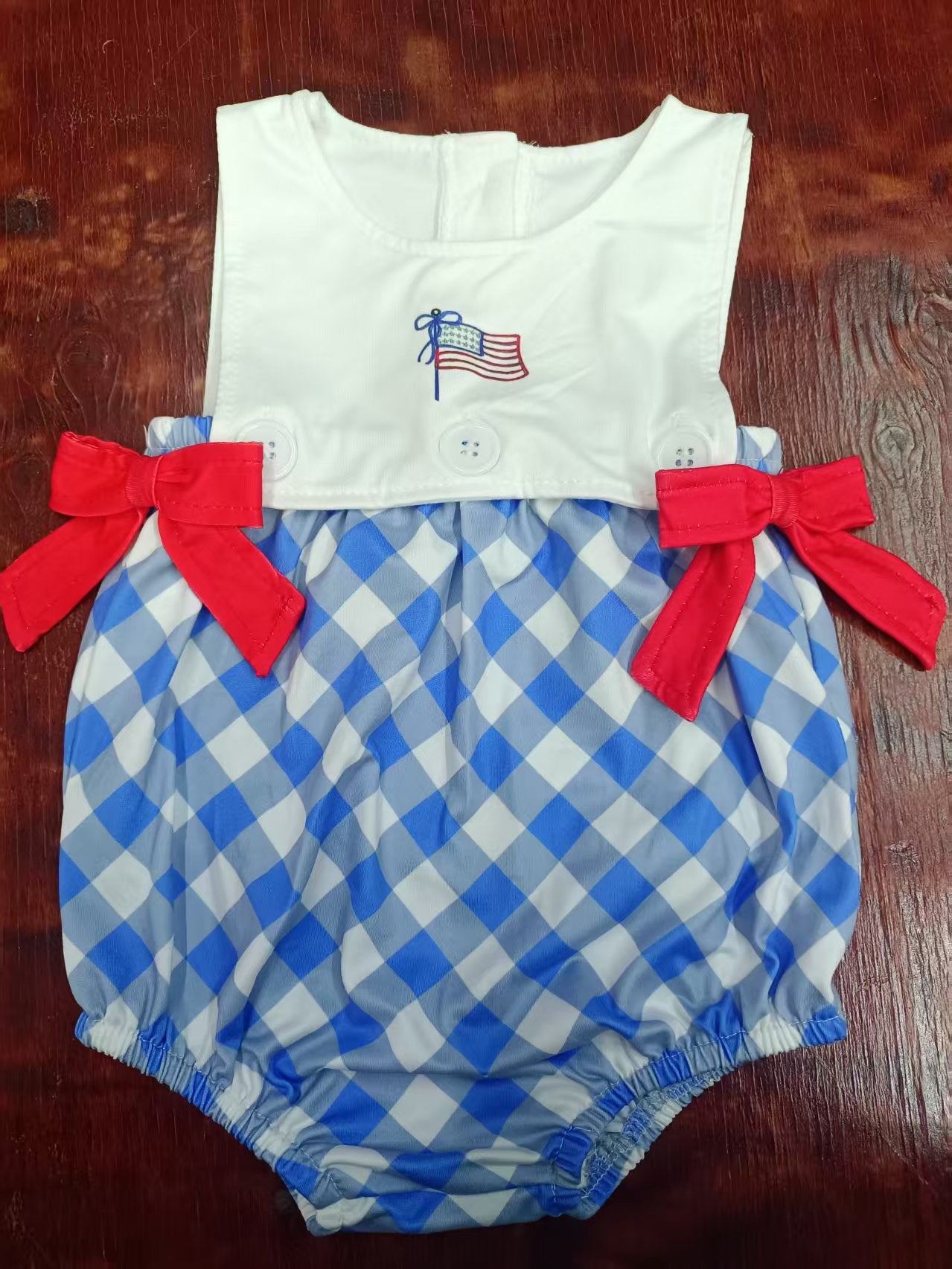 Preorder moq 5 Baby Girls Sleeveless Blue Plaid Flag 4th Of July Ruffle Rompers