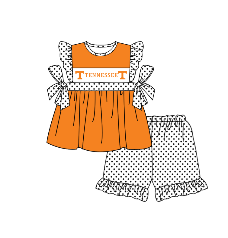 Preorder (moq 5)Baby Girls Orange Tennessee Tunic Polka Dots Ruffle Shorts Team Clothes Sets
