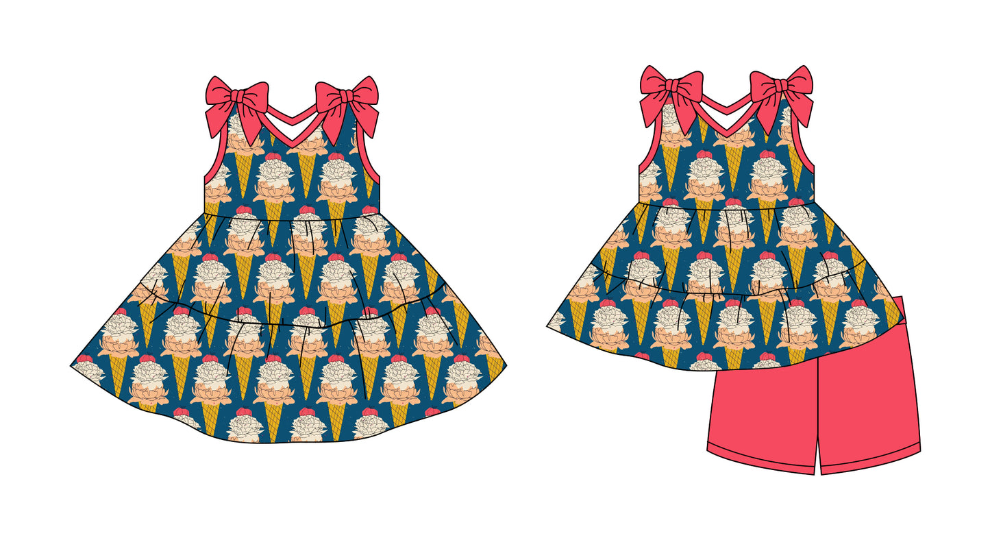 Preorder moq 5 Custom Baby Girls Peach Ice Creams Tunic Short Set Knee Length Dresses