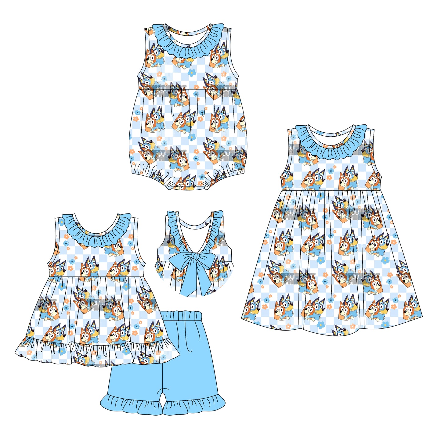 Preorder moq 5 Custom Baby Girls Cartoon Dogs Tunic Blue Ruffle Short Sets Knee Length Dress Rompers
