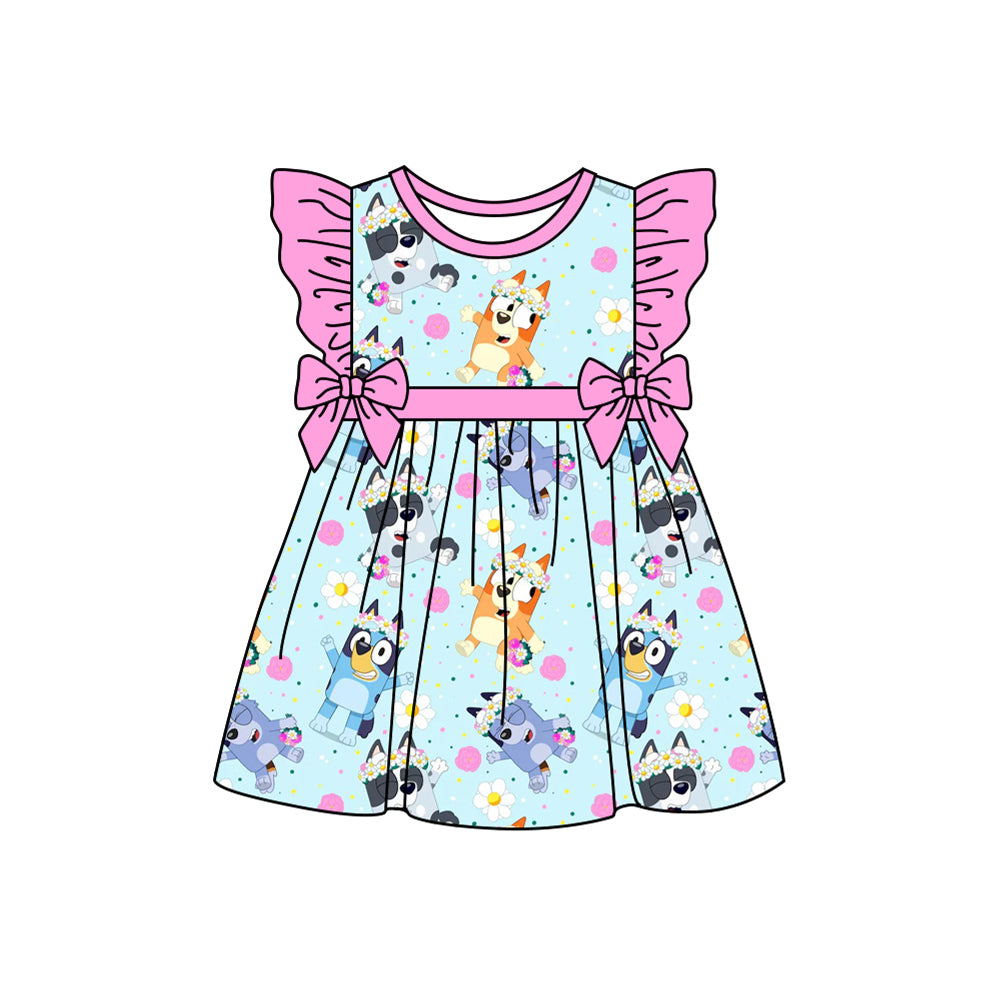 Preorder (moq 5)Baby Girls Spring Cute Dogs Bows Ruffle Knee Length Dresses