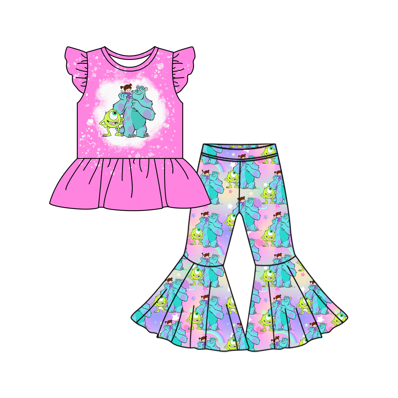 Preorder (moq 5)Baby Girls Cartoon Monster Shirt Top Bell Pants Clothes Sets