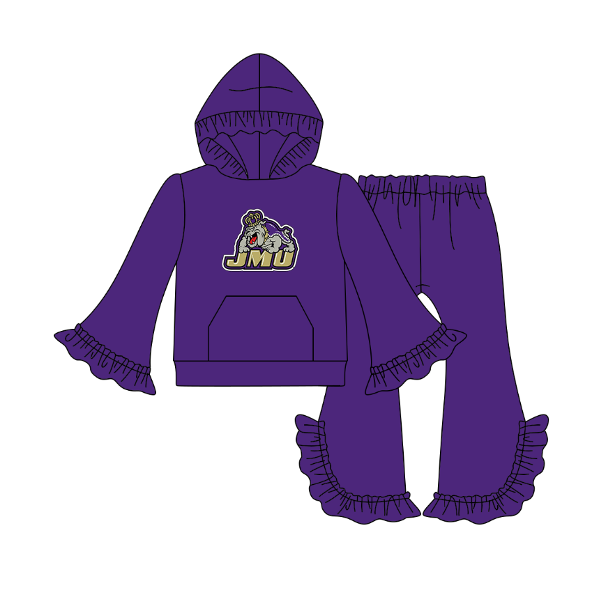 Preorder(moq 5)Baby Girls Purple JMU Pocket Hoodie Bell Bottom Pants Team Clothes Sets