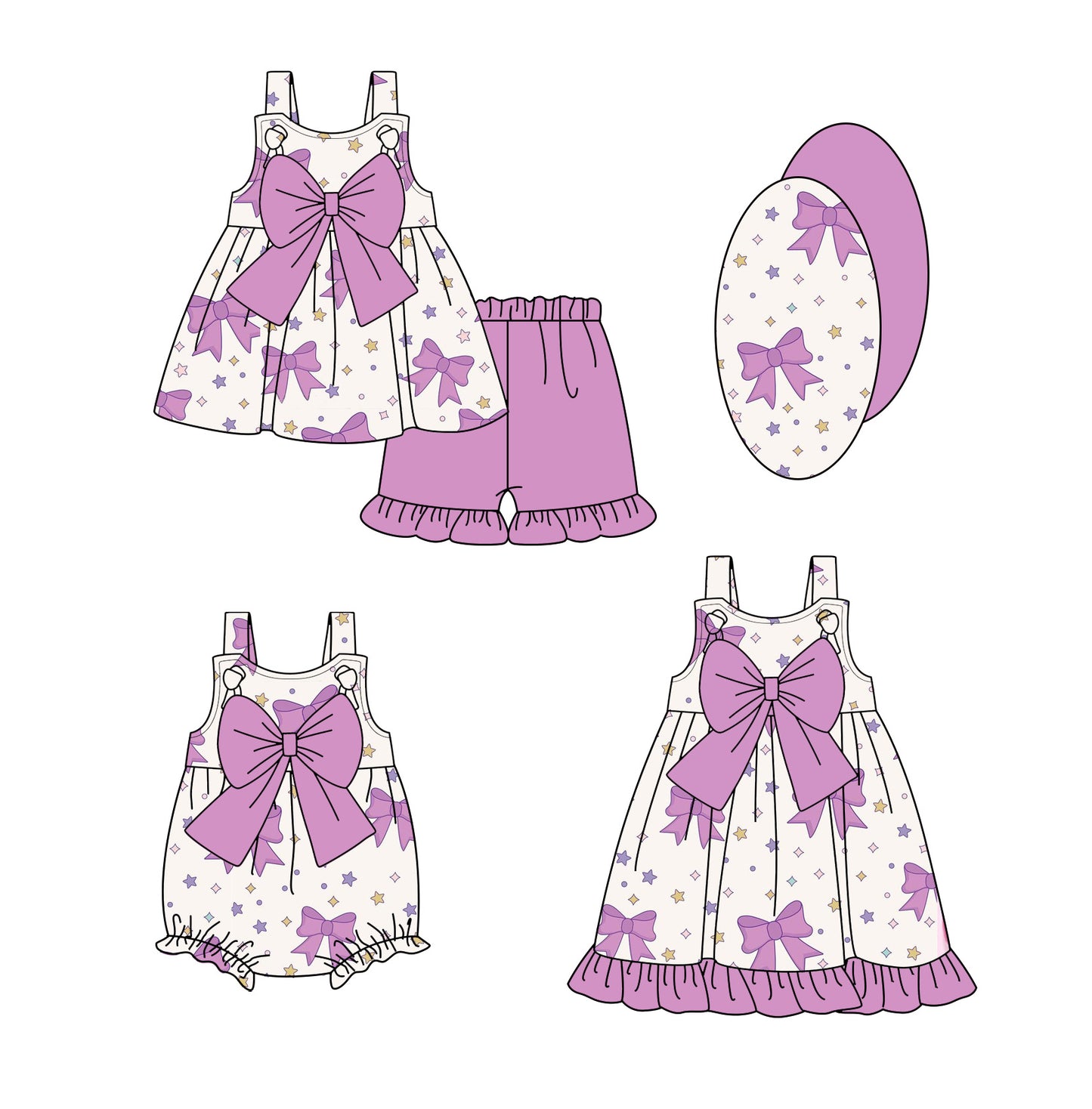 Preorder moq 5 Custom Baby Girls Strap Purple Bows Stars Tunic Ruffle Short Set Dress And Rompers