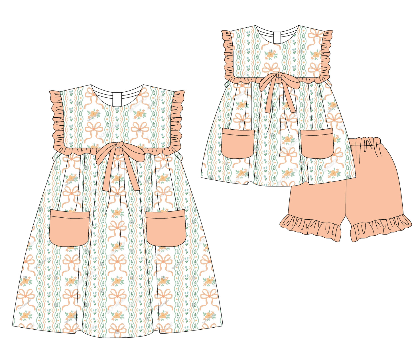 Preorder moq 5 Custom Baby Girls Khaki Bows Floral Pockets Tunic Ruffle Short Set Knee Length Dresses