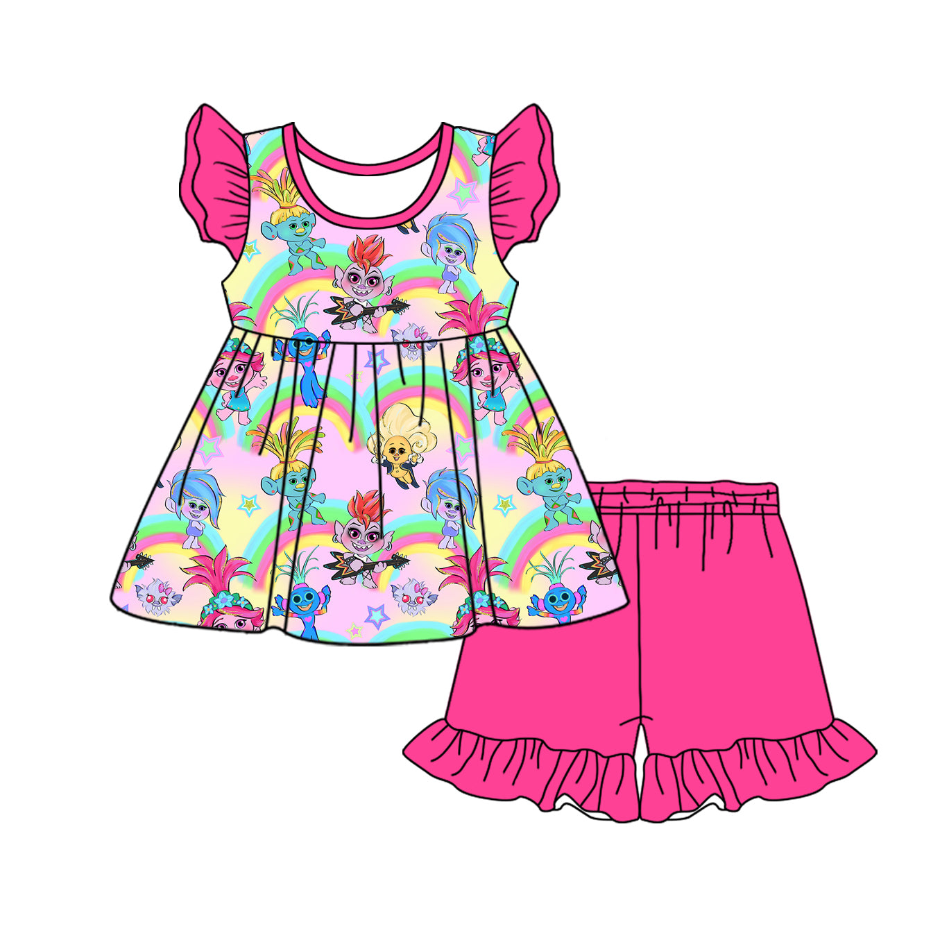 Preorder (moq 5)Baby Girls Hair Monster Tunic Top Ruffle Shorts Clothes Sets