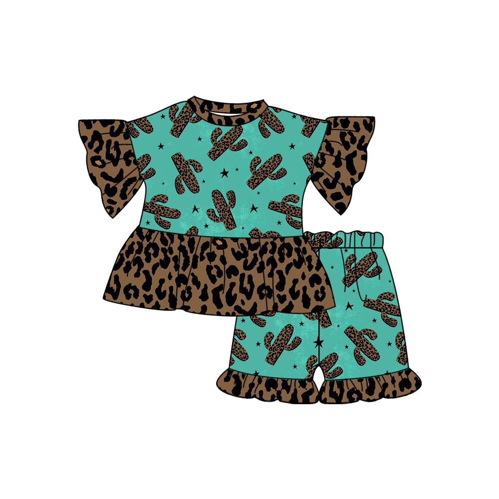 Preorder (moq 5)Baby Girls Cactus Leopard Western Top Ruffle Shorts Clothes Sets